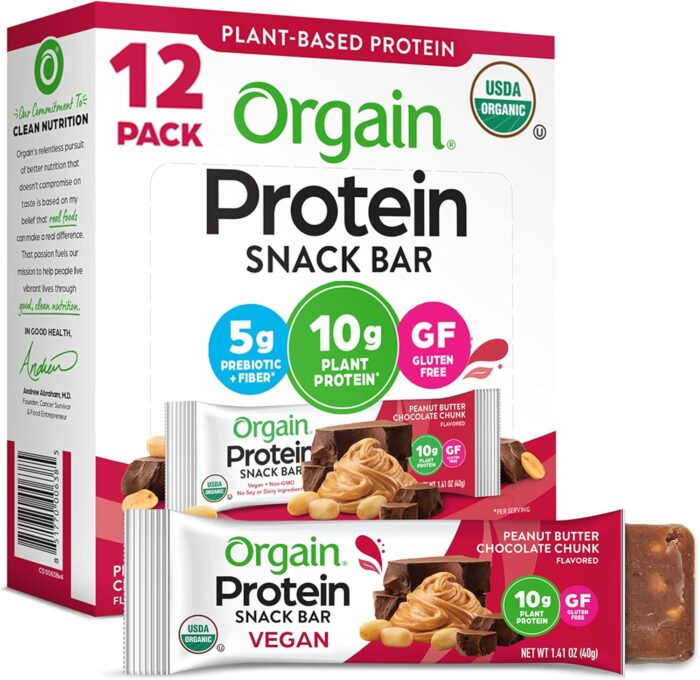 Orgain Organic Vegan Protein Bars, Peanut Butter Chocolate Chunk – 10g Plant Based Protein, Low Calorie Healthy Snacks, No Lactose or Soy Ingredients, Gluten Free, Non-GMO – 1.41 Oz (Pack of 12) - Image 1