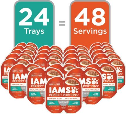 IAMS Perfect Portions Healthy Adult Grain Free Wet Cat Food Paté, Tuna Recipe, 2.6 oz. Easy Peel Twin-Pack Trays (24 Count, 48 Servings)